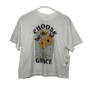 Organic Collective Choose Grace Graphic T-Shirt White Sunflower Butterfly M NWT